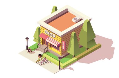 Bisiklet parkı ve çiti olan küçük bir dükkan..