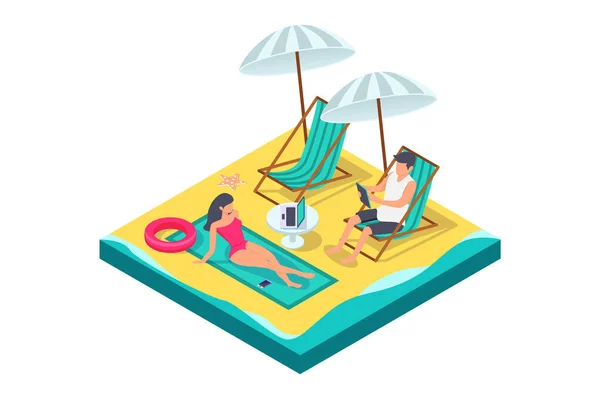 3D Isometrisk man och kvinna par med utrustning på stranden. — Stockfoto