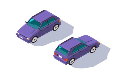 İzometrik 3d dört koltuklu kırmızı klasik hatchback araba aile için.