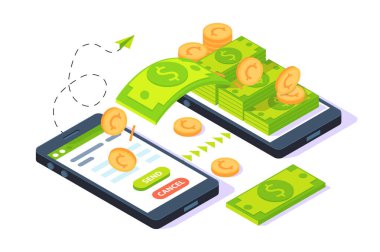 3d isometrik mobil dolar ve altın sikke ile para gönderme.