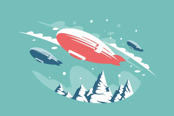 Luftschiffe in der Luft über verschneiten Bergen. — Stockfoto