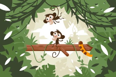 Cute monkeys on tree among vegetation and tail of tiger in jungle. clipart