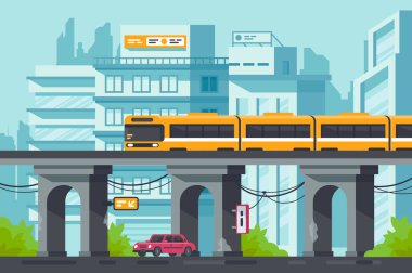 Düz yol ve elektrikli tren ile yükseltilmiş metro altında araba ile sokak.
