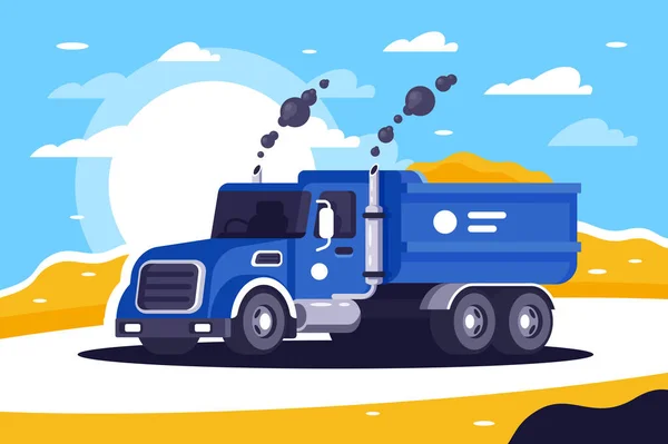 A lapos rakodású, homokkal teli teherautó ki fog pakolni a munkahelyén.. — Stock Fotó