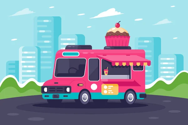 Плоский міський фургон з цукерками, тортами та морозивом . — стокове фото
