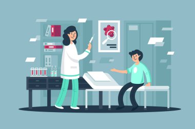 Kadın hemşire şırınga ile aşı, düz genç adam.