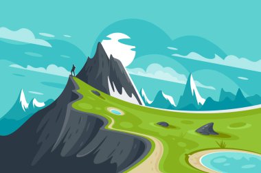 Güneş ve bulut ile Doğa Dağ arka planda düz adam.