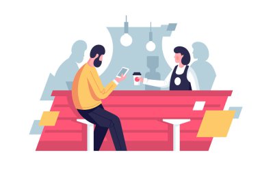 Ekmek ve kafede kahve içme barista düz genç adam.