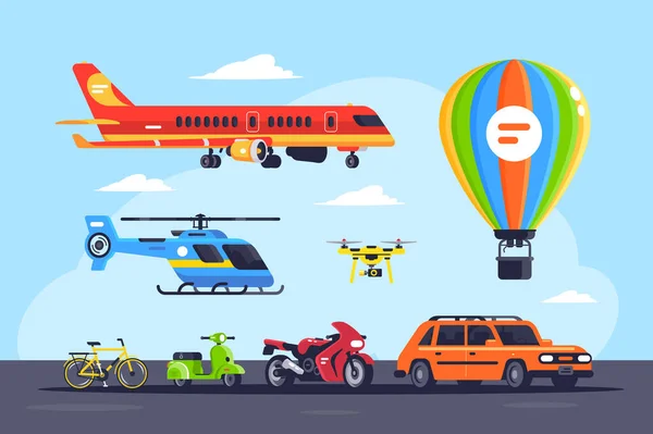 Set mode of transport with car, balloon, motorcycle, plane, helicopter, quadcopter, bicycle or bike. — Stock Photo, Image