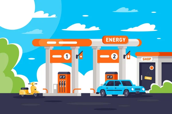 Płaskie stacji benzynowej z sklep, nowoczesny samochód miejski, motorower. — Zdjęcie stockowe