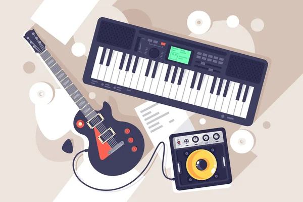 Flat music equipment with electrric guitar, synthesizer. — Stock Photo, Image