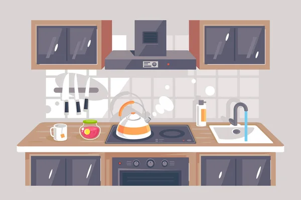 Platte keukenapparatuur met mes, afzuigkap, oven, wasmachine, theepot. — Stockfoto