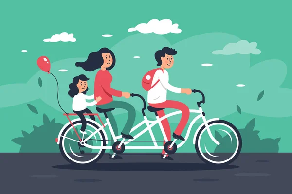 Familia con mujer joven, hombre con bolsos, niña montando en bicicleta . — Foto de Stock