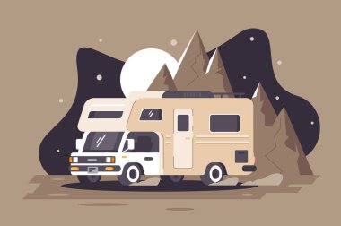 Motor home on rest on night mountain background.