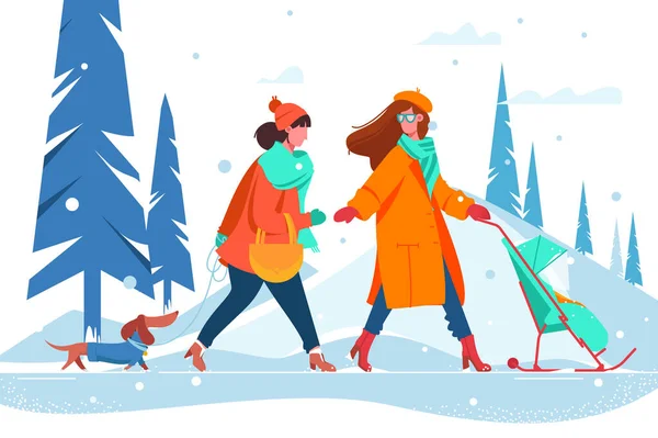 Flat young beautiful women with dog and stroller walking along snowy winter street. — Stock Photo, Image