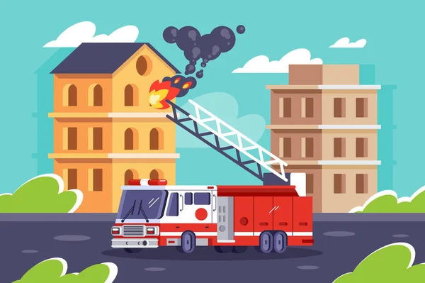 Płaski samochód straży pożarnej stawia budynki płomienia. — Zdjęcie stockowe
