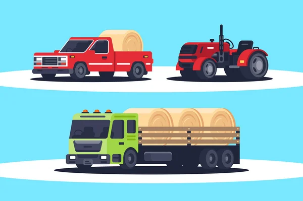 Płaskie maszyn rolniczych z stosu siana do zbioru, przyciąć dostawy i pick-up dla transportu frachtu. — Zdjęcie stockowe