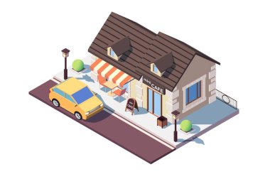 Park halindeki araba ile 3d isometrik küçük kafe.