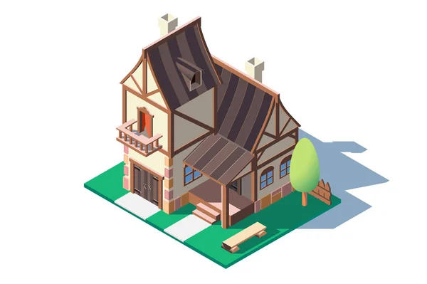 3D izometryczny duży klasyczny dom wsi z zielonym drzewem. — Zdjęcie stockowe