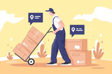 Adam kargo haritaüzerinde noktaları kullanarak mal ve kutuları teslim.