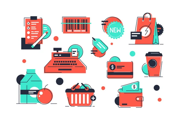 Set icone della spesa di prodotti e attrezzature di mercato . — Foto Stock