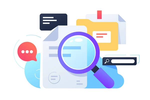 Lupa de búsqueda de información utilizando documentos e internet . — Archivo Imágenes Vectoriales