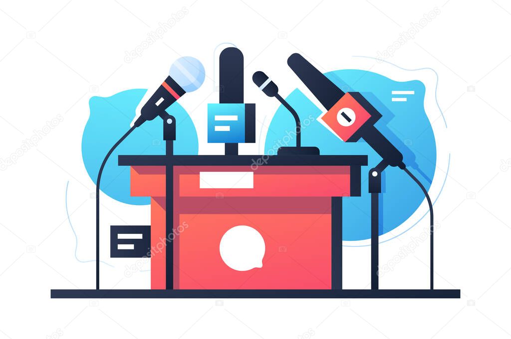 Empty debate and negotiation microphone stand icon. Isolated concept communication equipment on bubble speech background. Vector illustration.