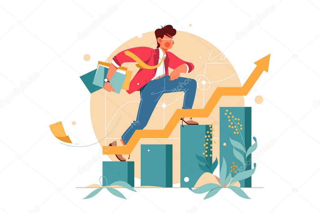 Young man hurry up consisting of finance graph. Isolated concept female employee character person with document folders, career growth with arrow. illustration.