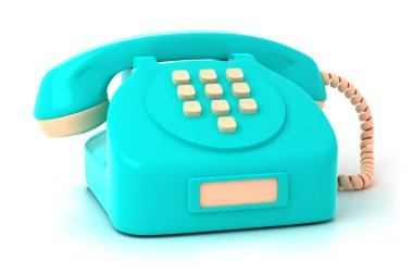 Düğmeli sabit hattın ön görüntüsü. Çizgi film tasarımı için eski, parlak, yeşil bir telefon. Kablo bağlantısı ve alıcı. İletişim konsepti. Beyaz arkaplanda izole