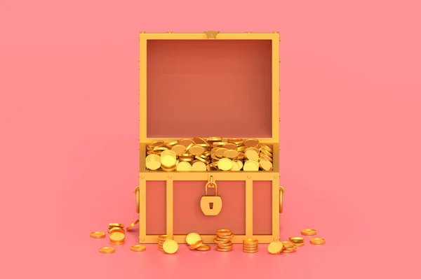 3D render skattkista med mynt på rosa bakgrund. — Stockfoto