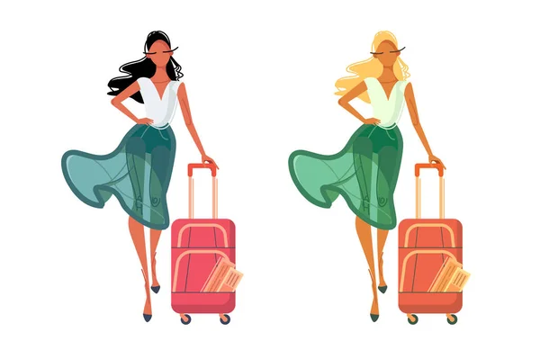 Femmes en vêtements d'été avec sac de voyage. — Image vectorielle