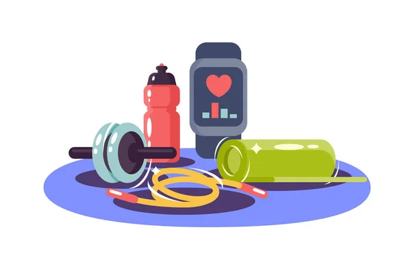 Sports equipment of health watch, skipping rope, dumbbell and bottle. — Stock Vector
