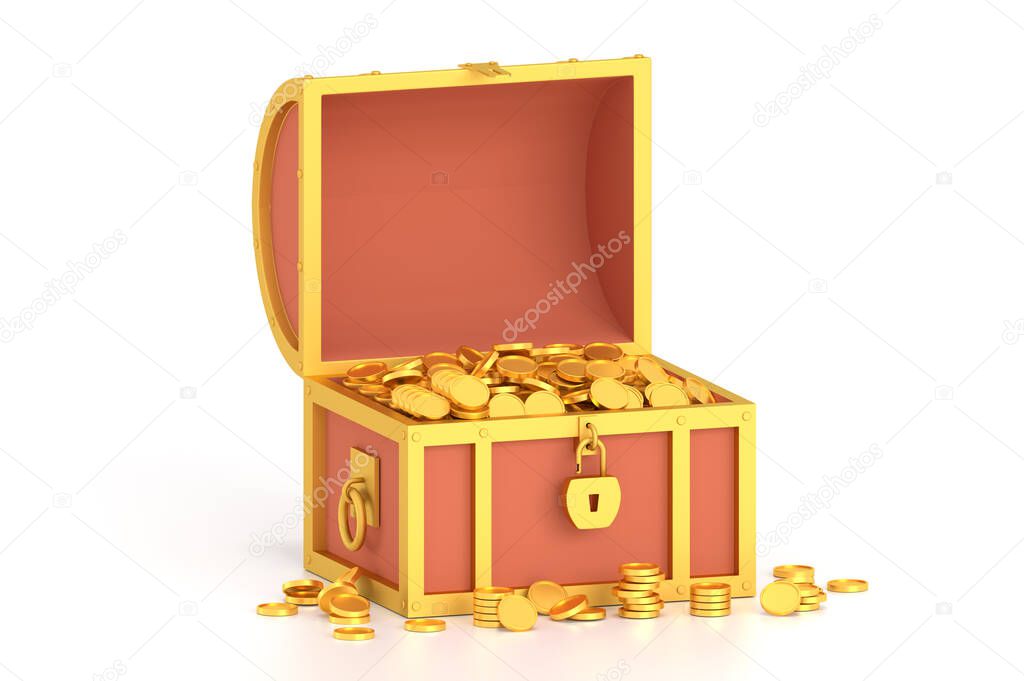 3d render treasure chest with coins on white background.
