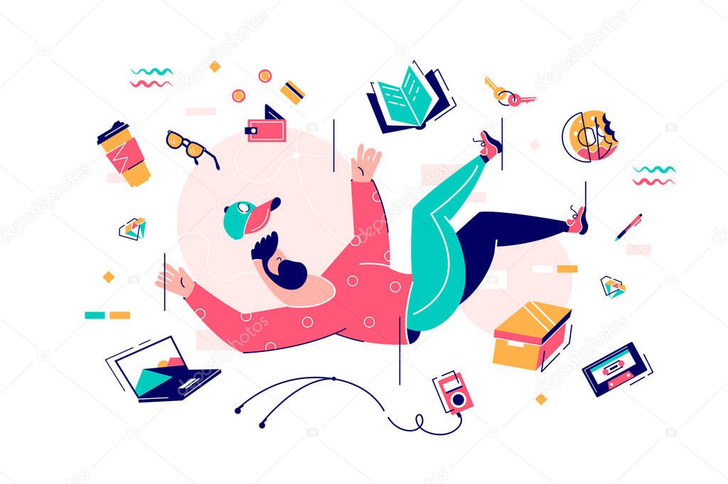 Young bearded man fall in bustle with food, device and book.