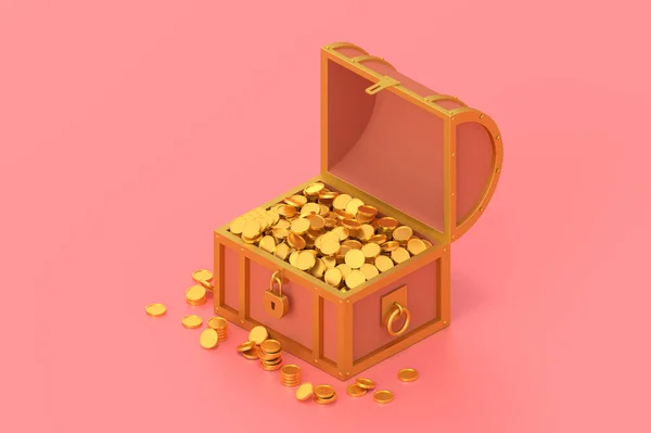 3d renderowania skrzynia skarbów z monet na różowym tle. — Zdjęcie stockowe
