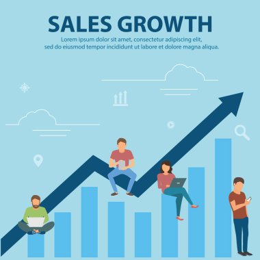 İş grafiği büyüme kavramı vektör çizim takım olarak çalışma ve grafik büyüyen mavi oturma profesyonel insanlar. Düz insanlar iş geliştirmek için dizüstü bilgisayarlar kullanarak. Beyaz iş geçmişi.