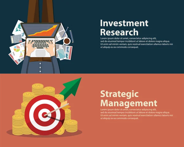 Vlakke Stijl Bedrijfsconcept Succes Strategie Infographic Doel Onderzoek Beleggingsgebied Set — Stockvector