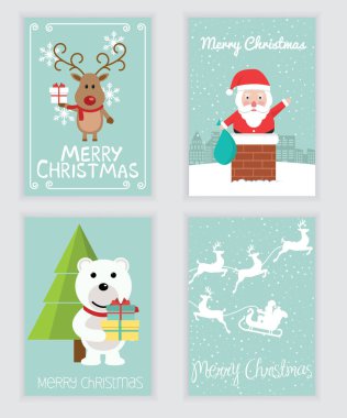 Noel kartları Noel ağaçları, Noel Baba, kar taneleri, kutup ayısı ve Ren geyiği ile. Vektör çizim.