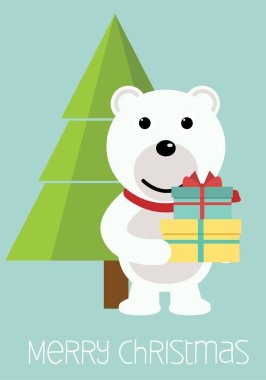 Noel kartları Noel ağaçları, Noel Baba, kar taneleri, kutup ayısı ve Ren geyiği ile. Vektör çizim.