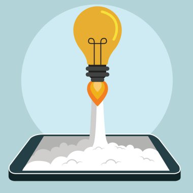 ampul roketi ile gökyüzü yer ve güneş. Yaratıcı başlangıç kavramı. Vektör çizim. Düz tasarım