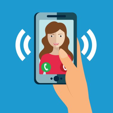 Akıllı telefon ekranından gelen arama. Bir elinde akıllı telefon ve parmak ekranı var. Düz tasarım vektör çizimi.