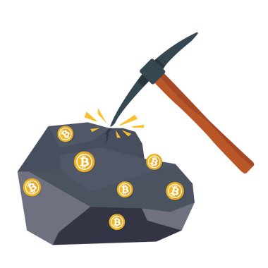 Kazma ile araştırma cryptocurrency. Para ve finans. Dijital para. Sanal para, cryptocurrency ve dijital ödeme sistemi. düz stil çizimde