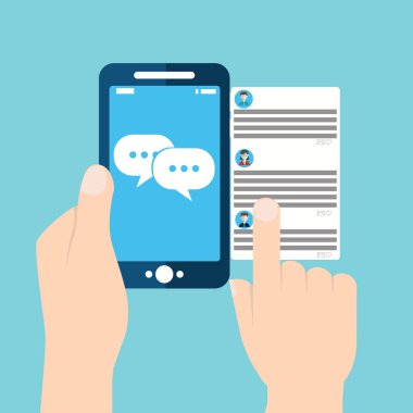 Cep telefonu sohbet iletileri iletileri ileti illüstrasyonu renk arkaplanında izole edilmiş, akıllı telefon ve sohbet baloncuk konuşmaları ile el ele, çevrimiçi konuşma, konuşma, konuşma, diyalog kavramı