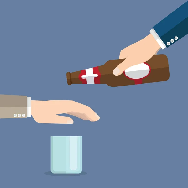 Geen Alcohol Man Biedt Drinken Een Flesje Bier Hand Houden — Stockvector