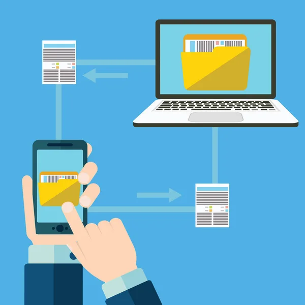 Transferencia Archivos Mano Que Sostiene Teléfono Inteligente Con Carpeta Pantalla — Vector de stock