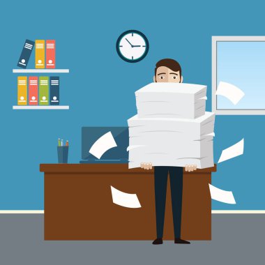 İşadamı office belgeleri ve belgeleri yığını tutar. Belge ve dosya rutin, bürokrasi, büyük veri, evrak, ofis. Düz stil vektör çizim