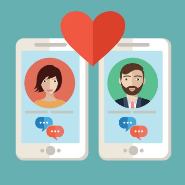 Erkek ve dişi eller holding cep telefonları ile ekranda soyut app profil. Online dating başvuru, düz tasarım üzerinde serin vektör kavramı