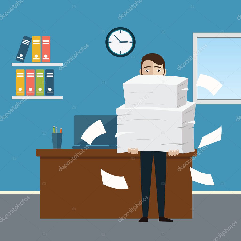 Businessman holds pile of office papers and documents. Documents and file Routine, bureaucracy, big data, paperwork, office. Vector illustration in flat style