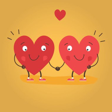 Two happy hearts in love. Cute couple in love holding hands. Happy Valentine s day vector card - Vector