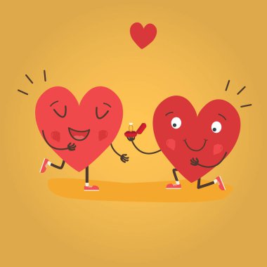 İki mutlu kalp, evlenme teklif eder. Aşık sevimli bir çift. Happy Valentine s day vektör kartı - Vektör